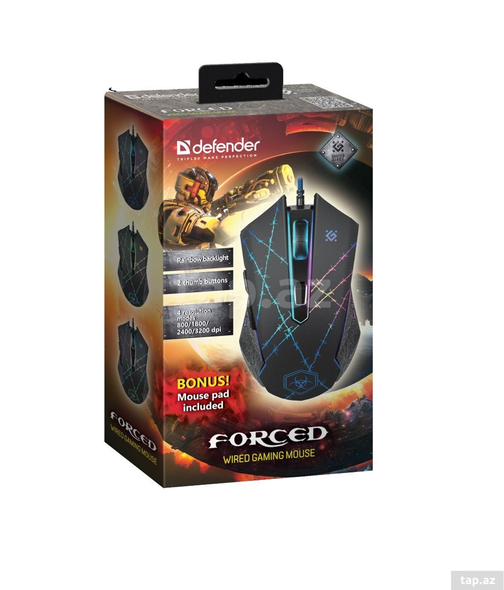 Defender Forced GM-020L wired gaming mouse+mousepad, Optik sensor, 800/3200 dpi
