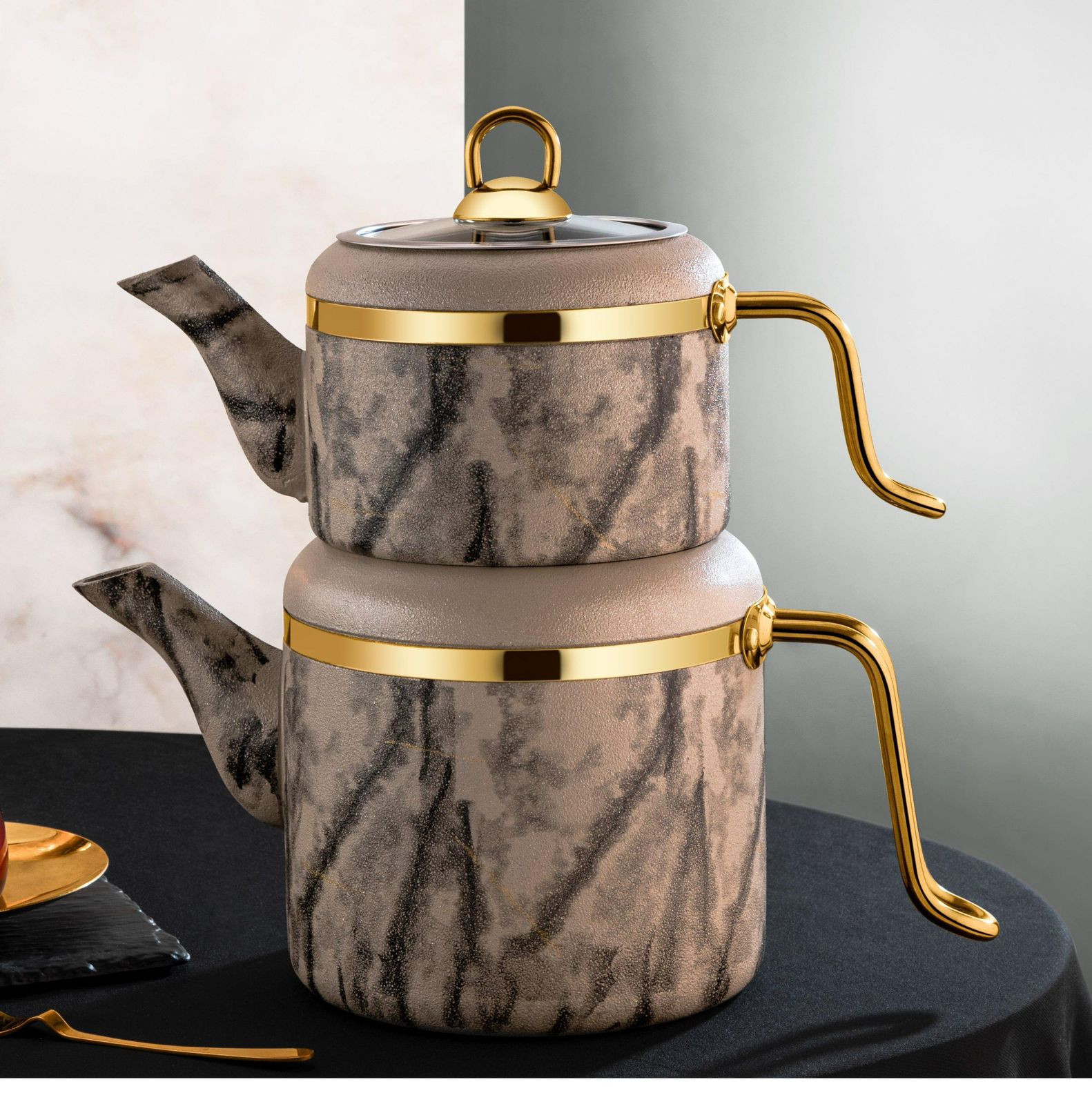 Çaydanlar dəsti Ozlife, qranit, bej/qızılı, 1250/2250 ml