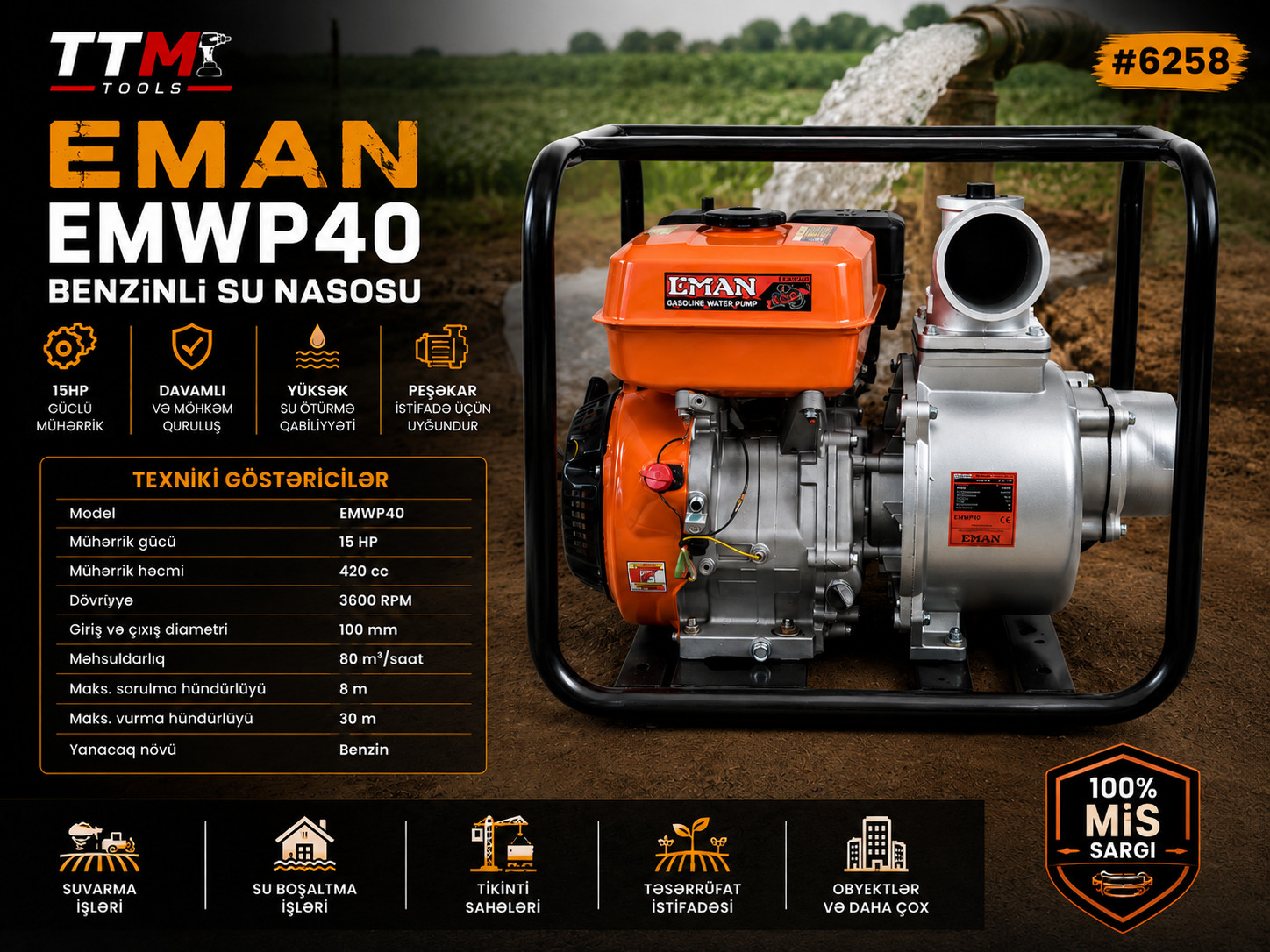 Bağ nasosu Eman EMWP40, 1200W, 30 m, 80 litr/dəq