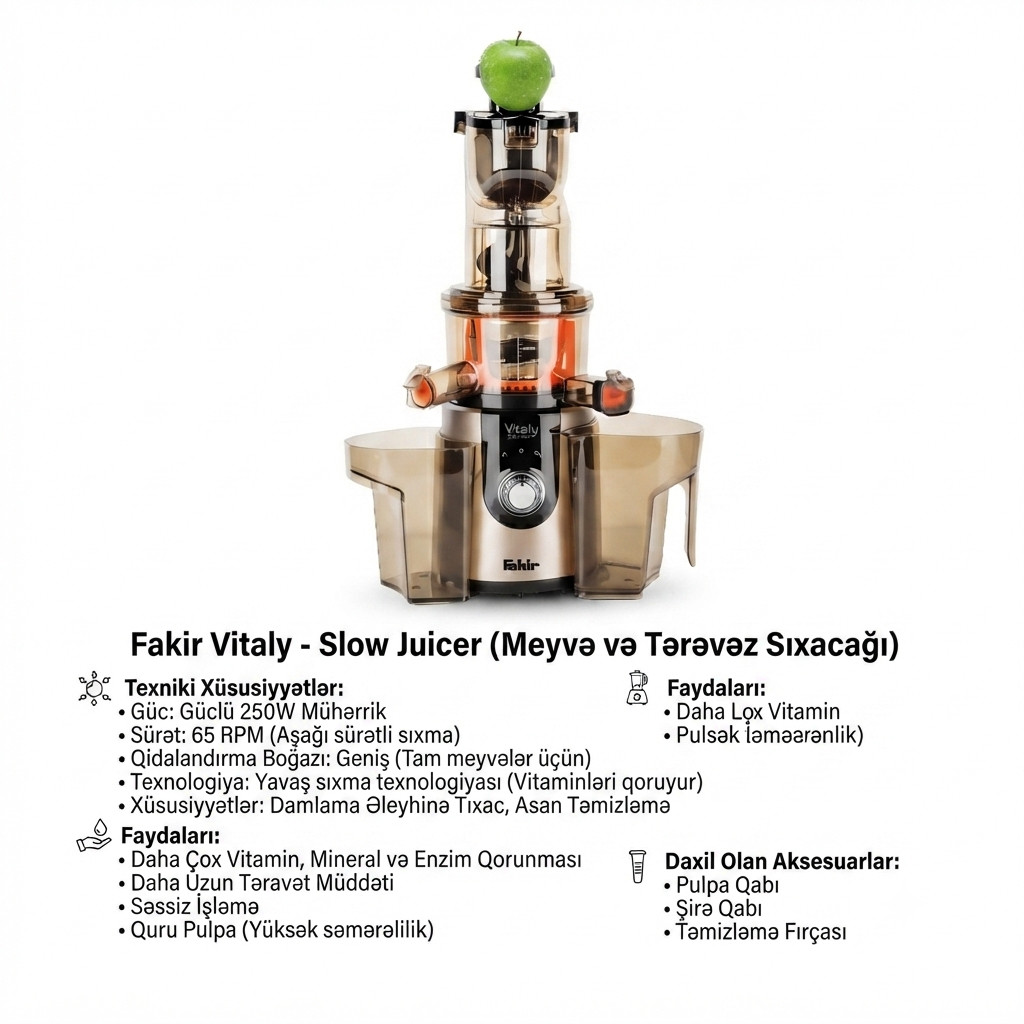 Şirəçəkən Fakir Vitaly Slow Juicer Meyvə və Tərəvəz Sıxacağı, Sitrus üçün, 250 Vt, 1 L, Xarici şirə üçün rezervuar