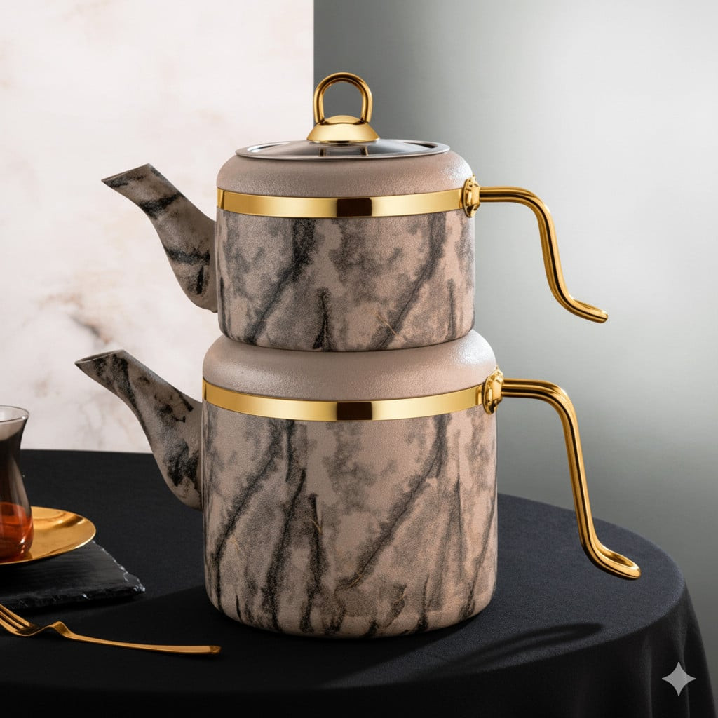 Çaydan dəsti Ozlife Daş granit, 2 əd, qapaqla, krem, tutacaqları qızılı, ağır model, yüksək keyfiyyətli, özəl model - Kahn shop030271
