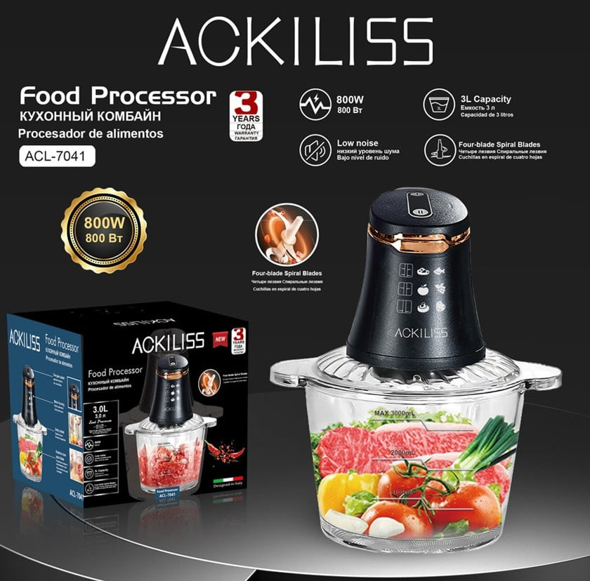 Doğrayıcı ACKILISS DVL_11589_121 (ACL-7041), qara, 3 L, 800 Vt - DVL_11589_121