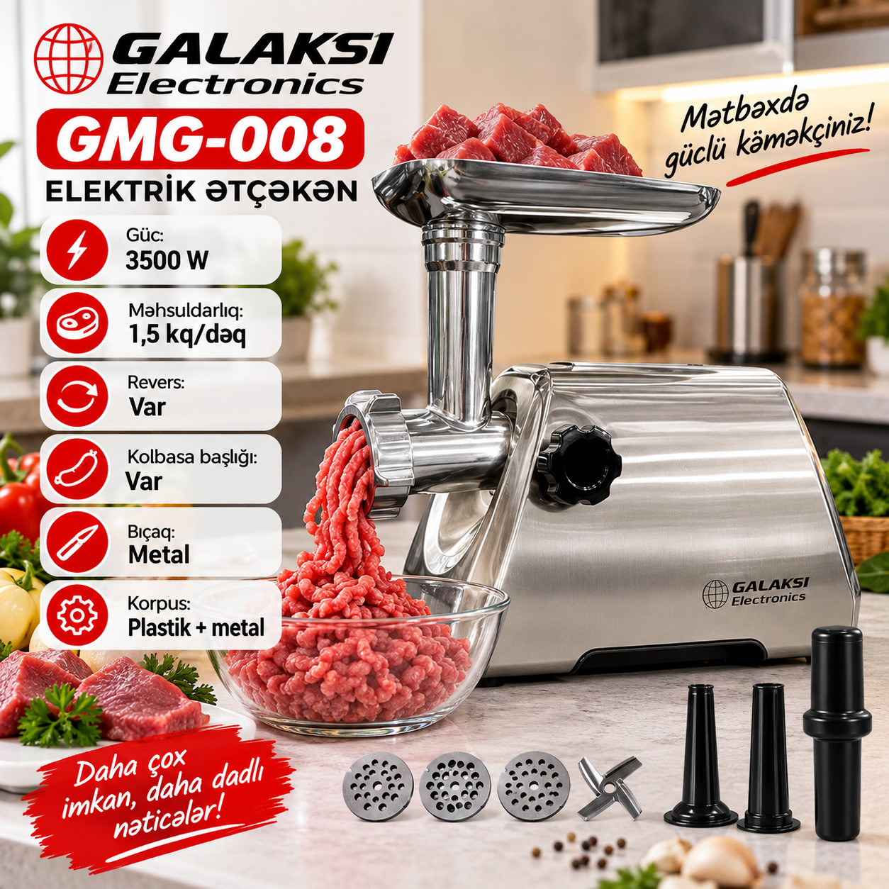 Ətçəkən maşın Galaksi GMG-008, 3500 Vt, 1.5 kq/dəq, Ev kolbasası üçün, Gümüşü