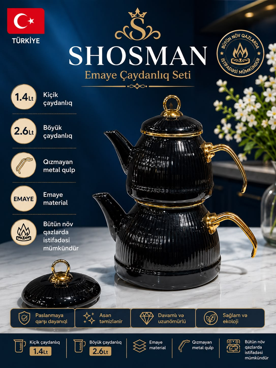 Çaydan dəsti Shosman, paslanmayan polad, 1400 ml/2600 ml, qara