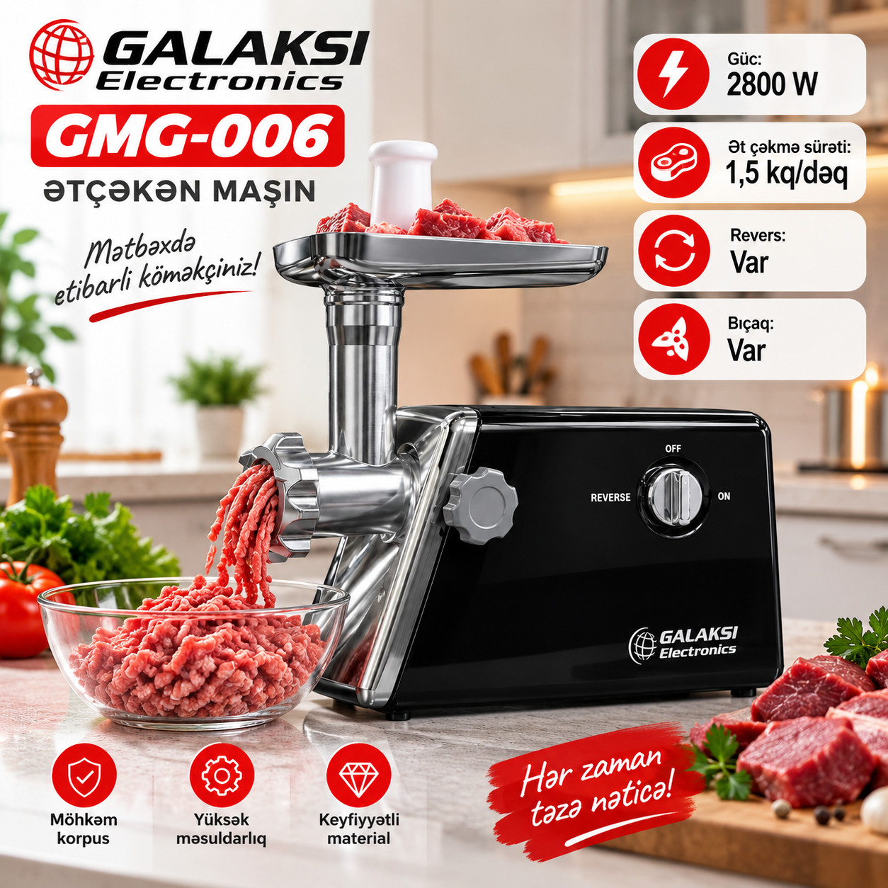 Ətçəkən maşın Galaksi GMG-006, 2800 Vt, 1.5 kq/dəq, Ev kolbasası üçün, Qara