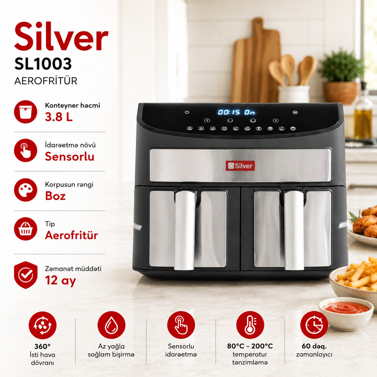 Aerofritür Silver SL-1003 3.8 l 1500 W gümüşü-qara