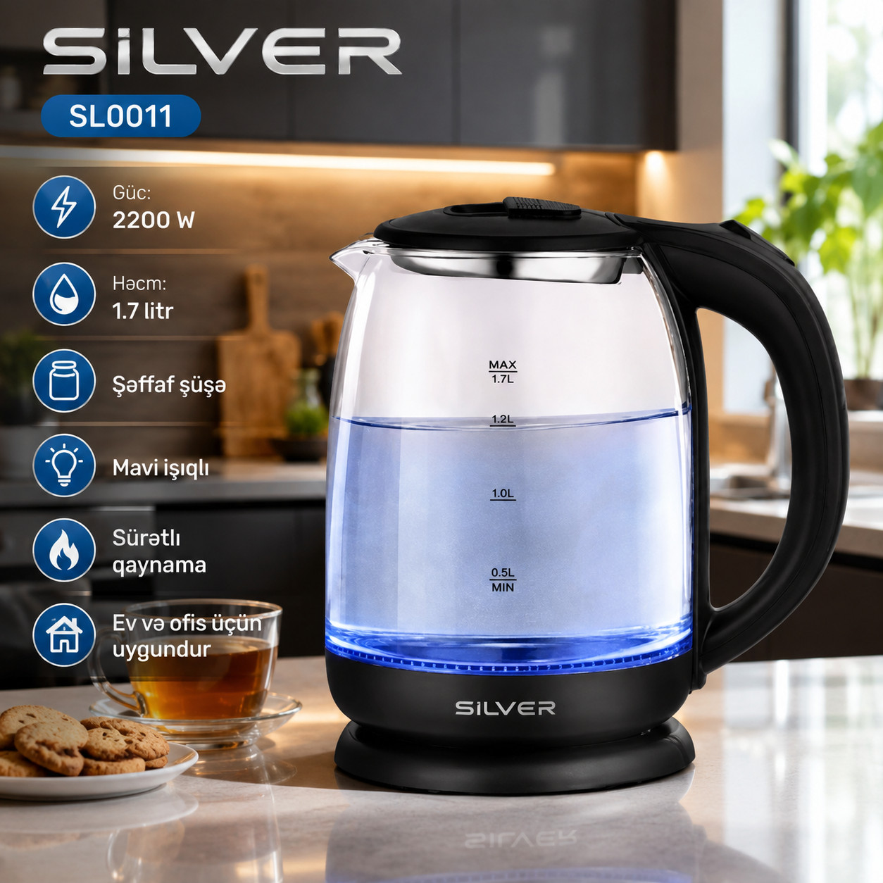Elektrik çaydan Silver SL0011, 1.7 L, Qara, 2200 Vt