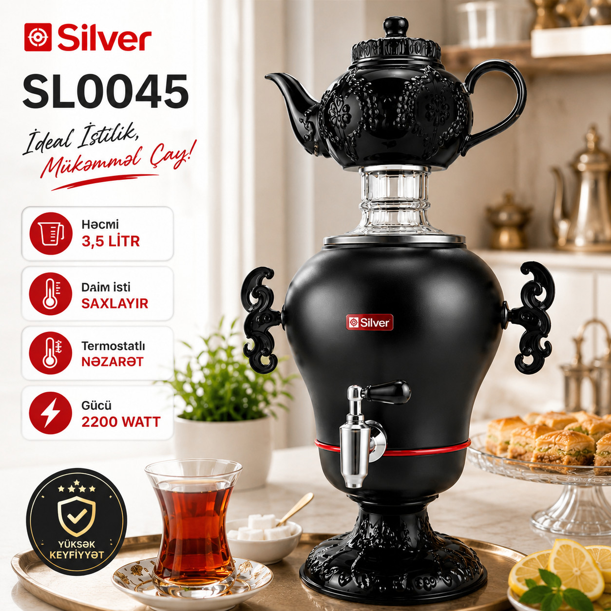 Samovar Silver SL-0045, 3.5 l, 2200 W, qara