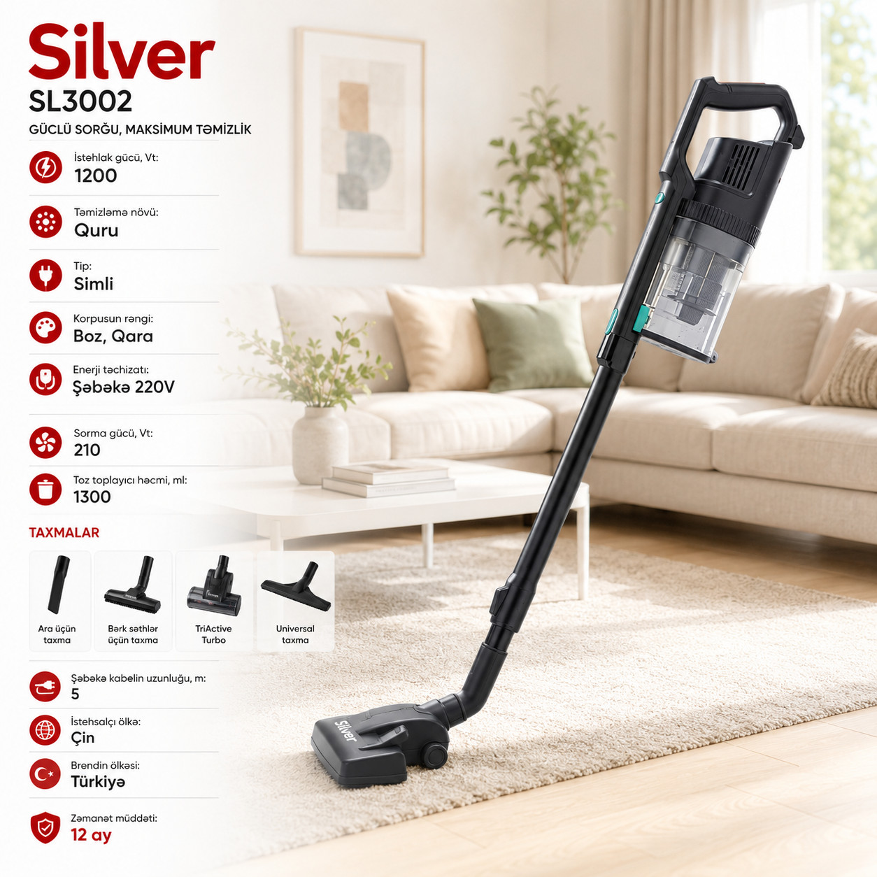 Vertikal tozsoran Silver SL-3002 quru 1200 W boz-qara