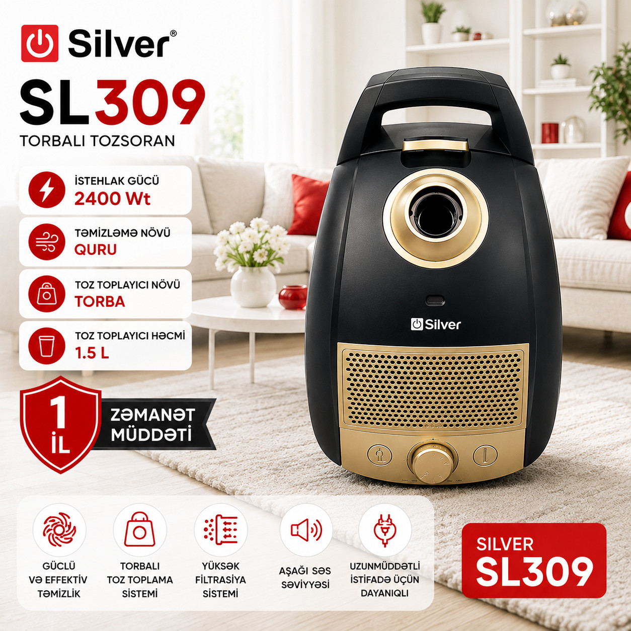 Tozsoran Silver SL309 2400 W quru torbalı 1.5 l
