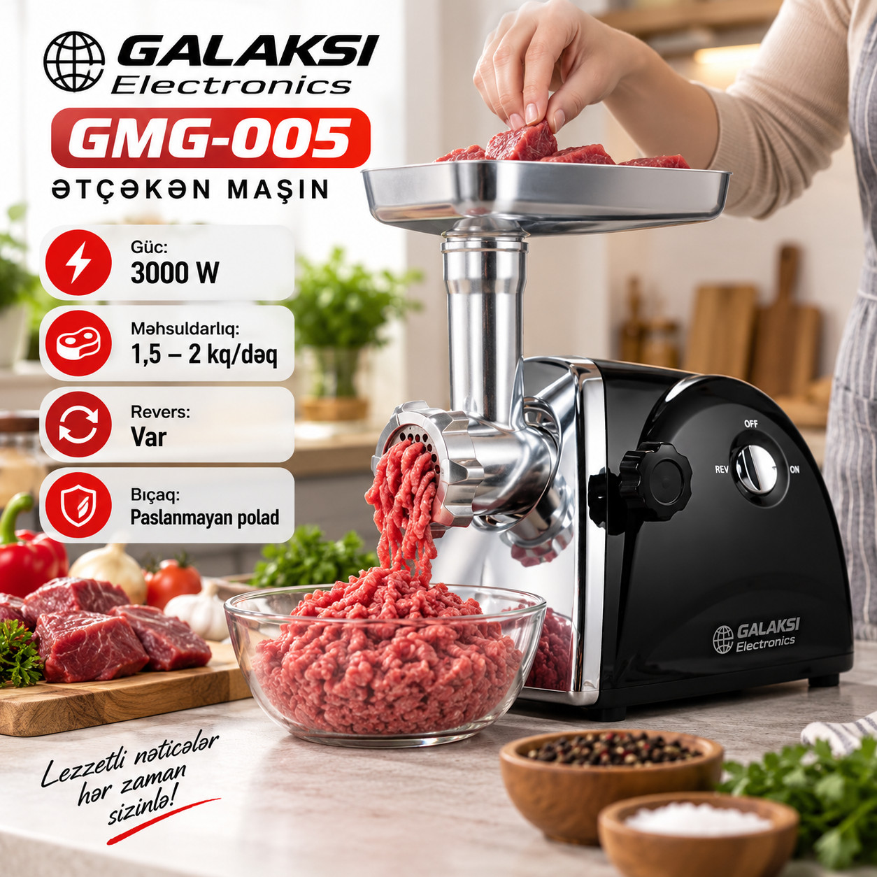 Ətçəkən maşın Galaksi Electronics GMG-005, 3200 Vt, 2 kq/dəq, Qiymə üçün disk, Qara
