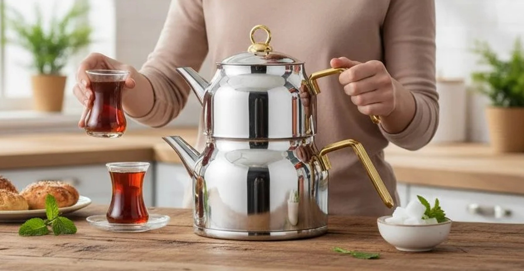 Çaydan dəsti 18/10 304, paslanmayan polad, gümüşü/qızılı, 1.4/2.2 l