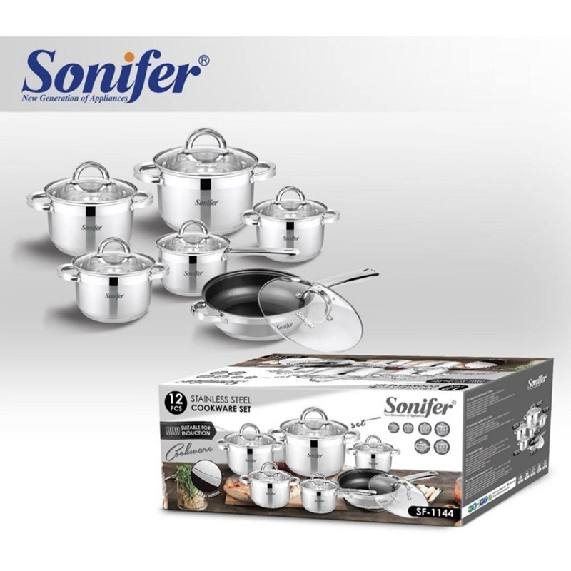 Qab-qacaq dəsti Sonifer SF-1144, paslanmayan polad, gümüşü, 12 parça