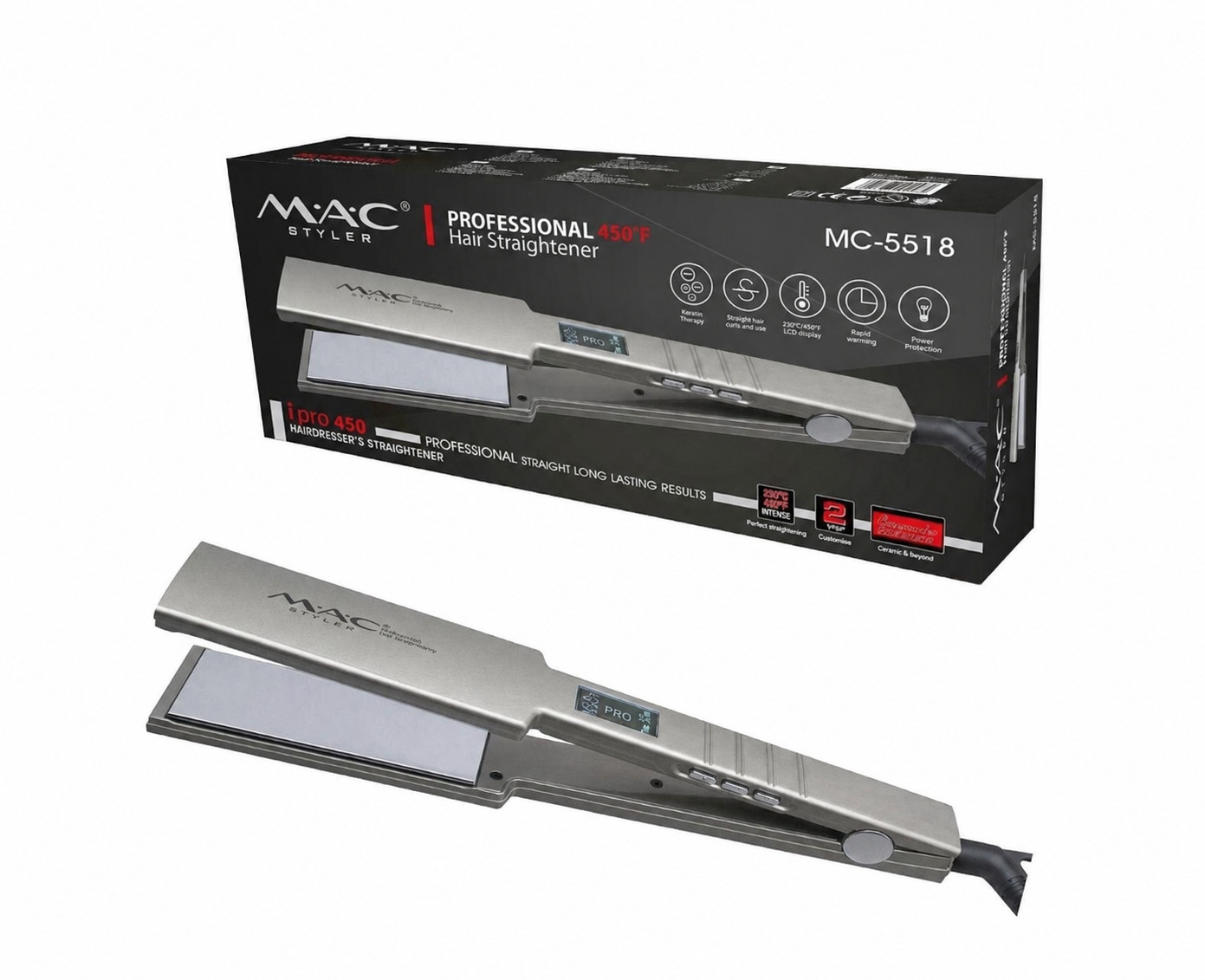 Saç üçün düzləşdirici MAC Styler MC-5518 45W, displeyli, gümüşü 2 m