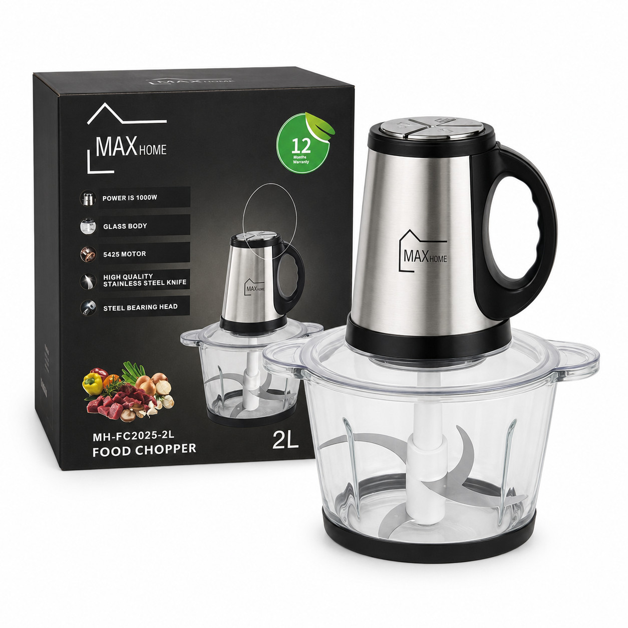 Mətbəx kombaynı və doğrayıcı MAXhome MH-FC2025-2L 1000 W 2 l gümüşü-qara