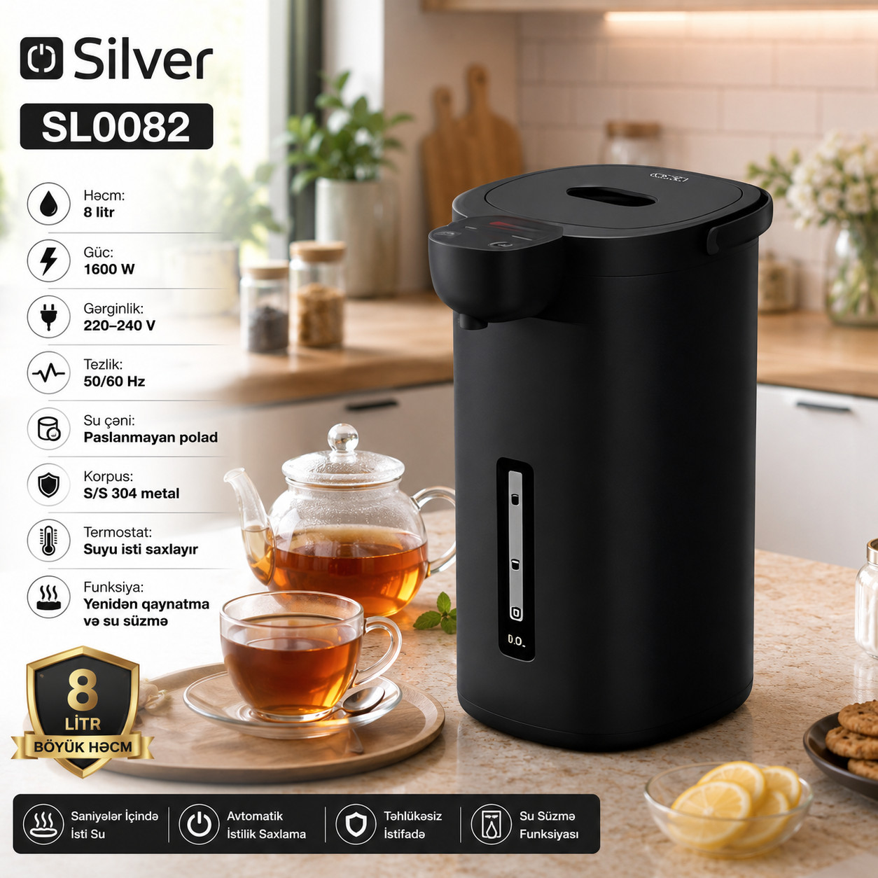 Termopot Silver SL-0082, 8 l, qara, 1600 Vt